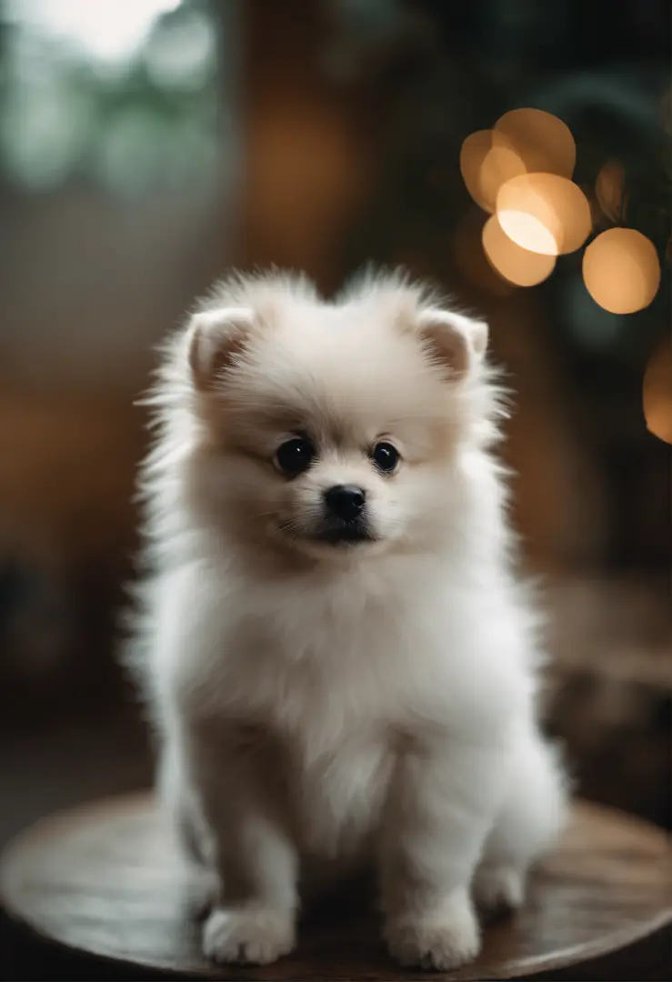 Cute white puppy，pomeranian，Long hairs，Black eyes，Squat on a stool，Wet eyes