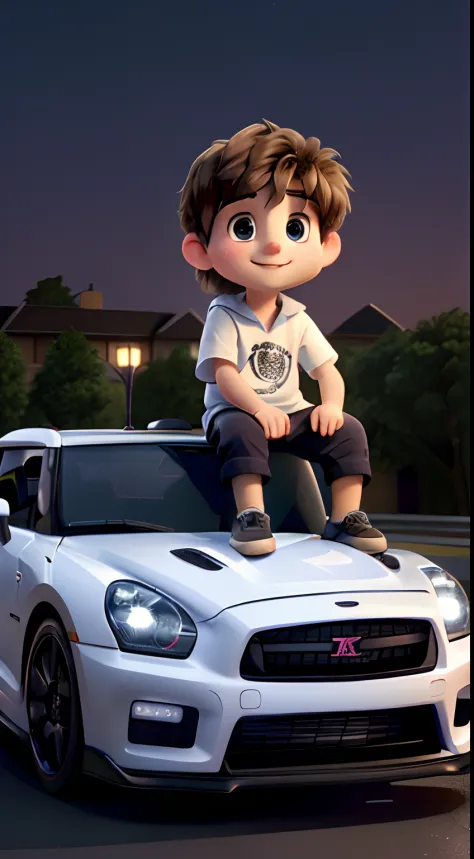 A cute little boy sitting on a top of a modified gtr car bonnet. Night shot