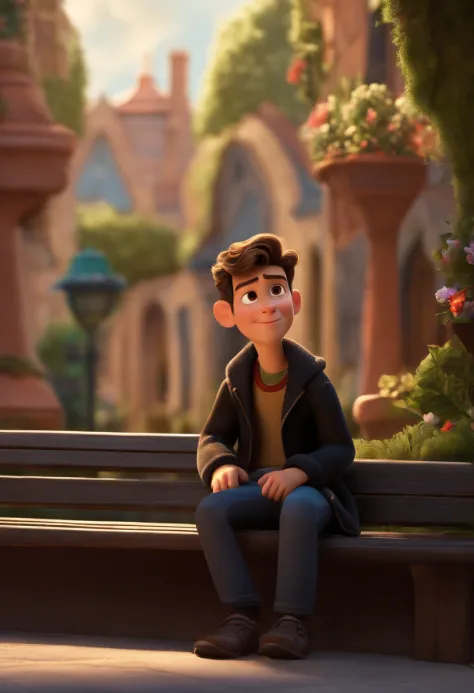 Um filme inspirado na Disney Pixar (MENINO PARDO JOVEM COM CABELO LONGO CACHEADO LOIRO) in The scene being in the distinctive art of the Pixar style SITTING ON A BENCH WITH HIS HANDS IN HIS POCKET, Cool with long black pants and stylish black jacket