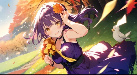 girl with,purple color  hair,Yellow eyes,Fluffy dresses,Autumn outfit,Autumn landscape,Colored leaves,Dress Sex,flower  field,full of sunlight,Upper Eyes,Smile while blushing,Leaning to the right,Several small birds are flying,Nipples are see-through,