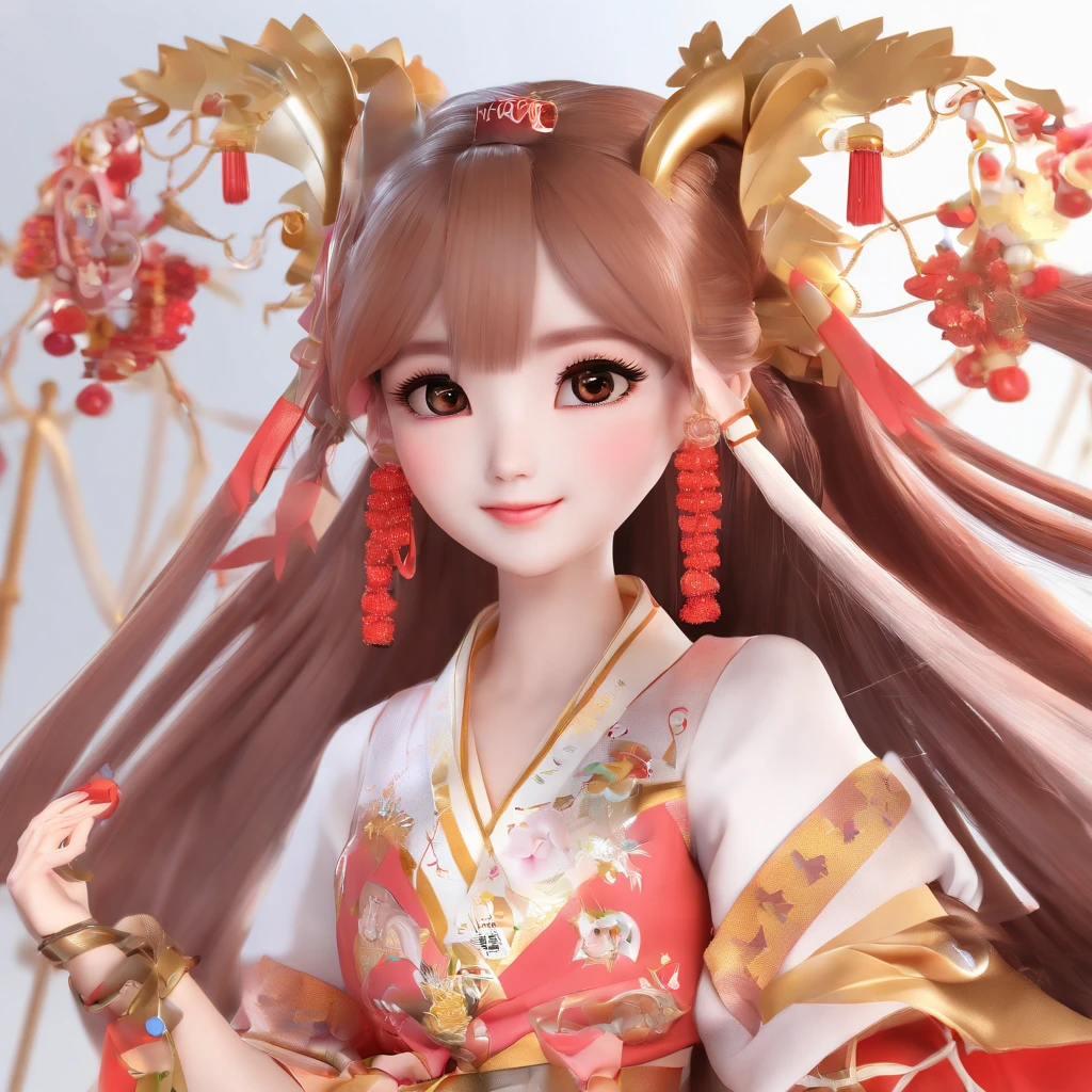 super cute girl IP by pop mart, Bright eyes, a blind box toy, Glossy and delicate,Clean background, Good gloss, 3D rendering of,Best Quality 1 Girl，(China-style：1.5)，Hanfu，Red clothes，long whitr hair，double tails，boots，Blushlush，with her mouth open，hair adornments，white backgrounid，独奏，teruterubouzu，Very long hair，longer sleeves，Low Twin Tails，Bow knot，By bangs，ssmile，黑The eye，full bodyesbian，:d，Gold footwear，White background，standing on your feet，Lotus hair ornaments，hair bow，Hold，brunette color hair，hair flower，A diamond-shaped golden eyebrow mole