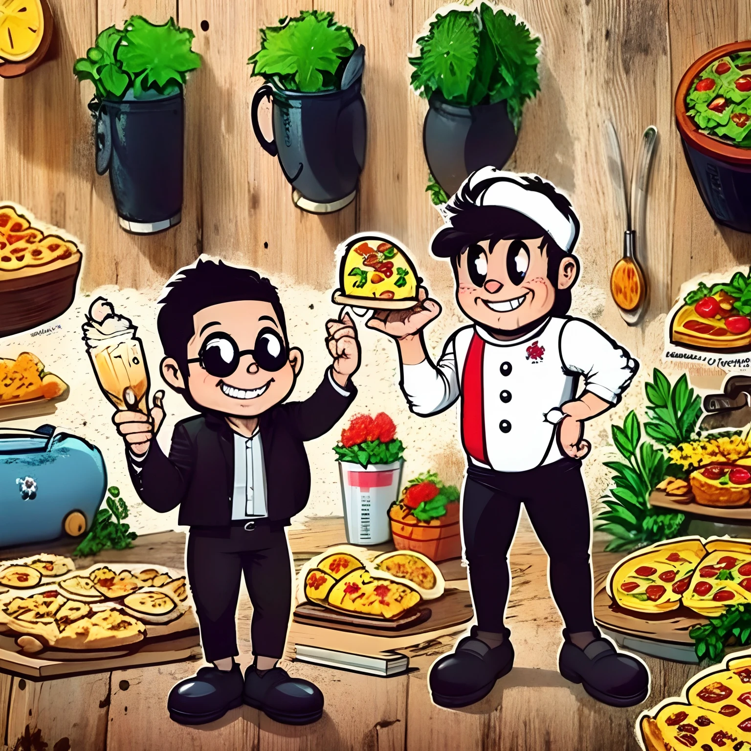 Cartoon of two men standing in front of a pizza counter - SeaArt AI