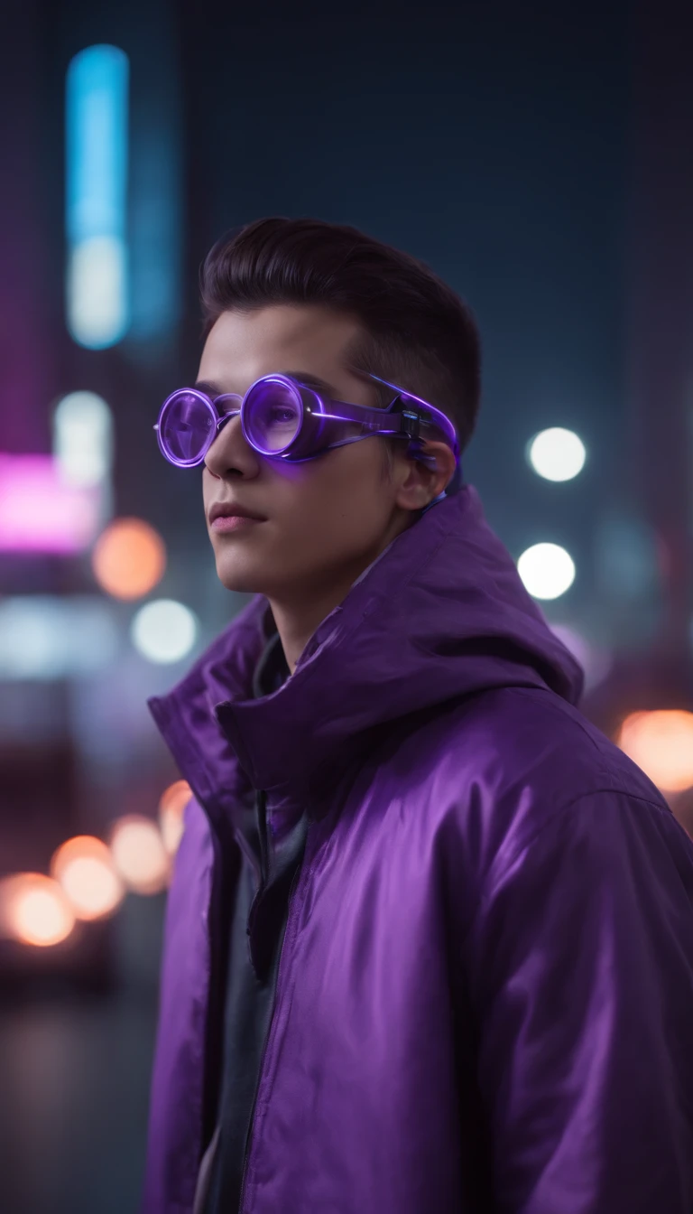3D illustration of a front view of a teenage boy, cyberpunk in futuristic mask with glasses and filters in stylish purple wire jacket EL standing in a night scene with air pollution, cabelos rosa escuro, colhos castanhos