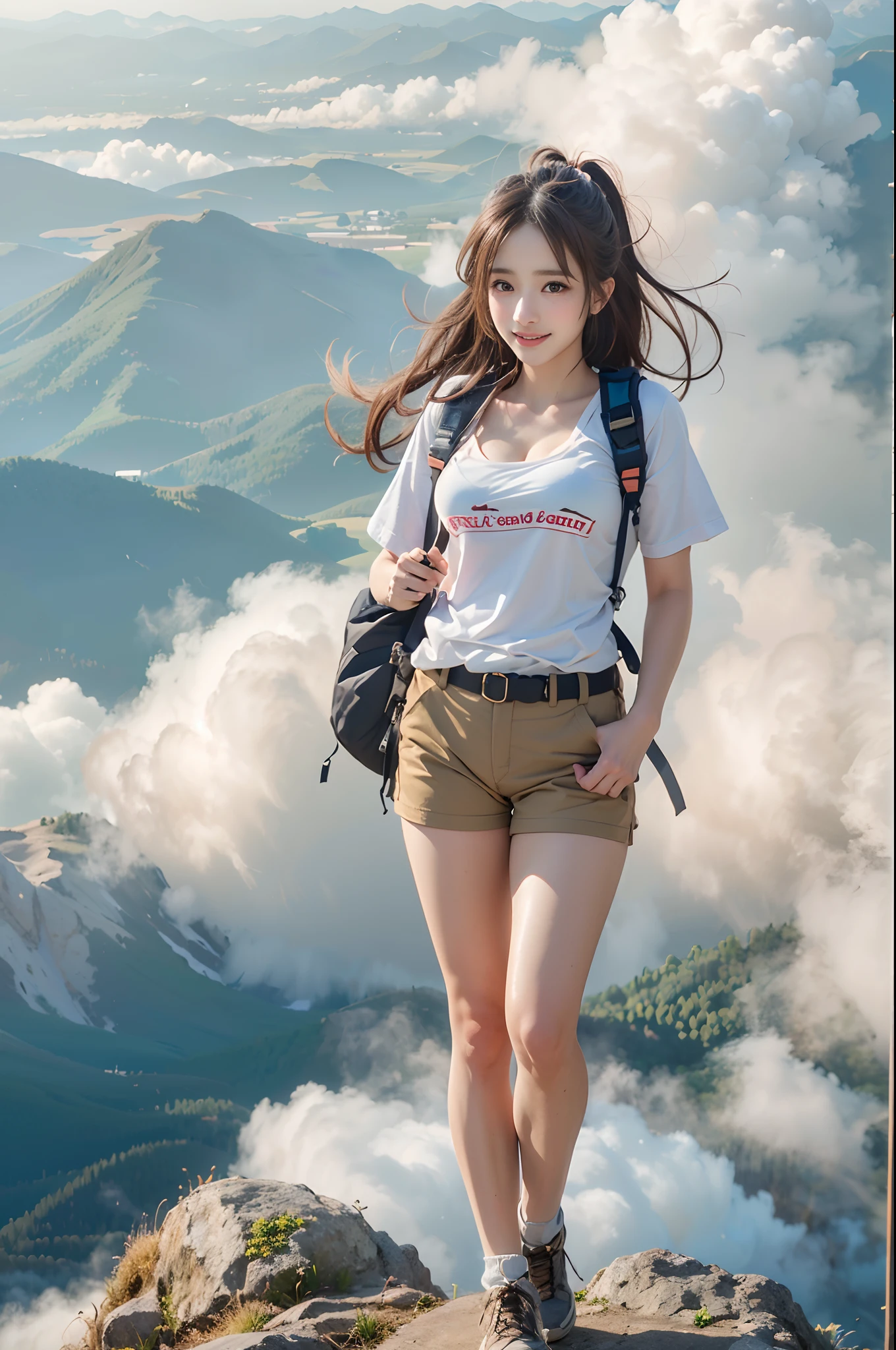 (Best Quality, hyper realistic photography), Magnificent mountain, sea of clouds, Woman watching sunset, (((a smile)))、selfee, ((Upper body)), white t-shirts, Trekking Shorts, trekking boots, rucksack, (ultra-delicate face, Super Beautiful Maid, Super delicate eyes, Ultra-detailed nose, Ultra detailed mouth, Ultra-detailed facial features), Beautie, 18year old、((Colossal tits))、((You can see the cleavage of your))、(((beauty legs)))、eye glasses