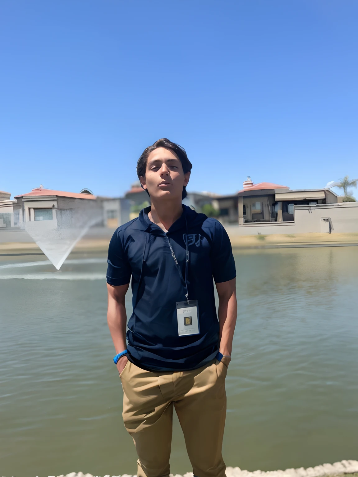 Arafed man standing in front of a lake with a water sprinkler - SeaArt AI