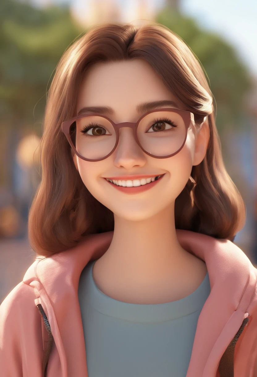 Menina sorridente Ilustrador, Sorriso timido, Fair-skinned teenage girl with a shy smile, and round glasses, cabelo lisos marrom, Cabelos Lisos castanhos, Happy smiling cute at camera, sorriso fofo, she is happy, smile shy, shy girl, Foto de perfil do headshot, rindo sorriso enorme, desenhando no estilo de Arte 3D, c4d, fundo de um parque, Estilo Disney, estilo pixar render ilustracao Super Detalhe, 8k