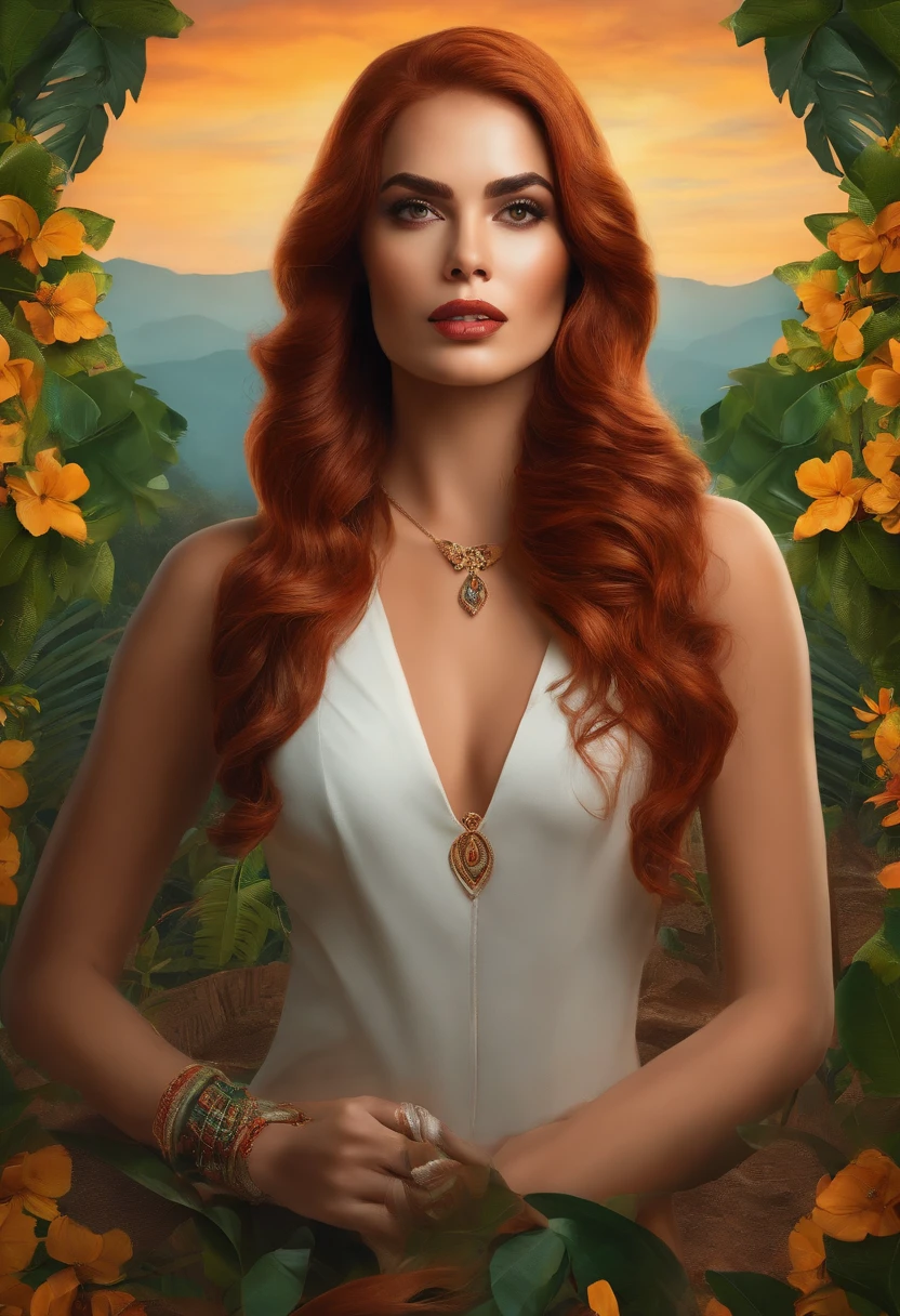 A woman with red hair and a white dress standing in a garden - SeaArt AI