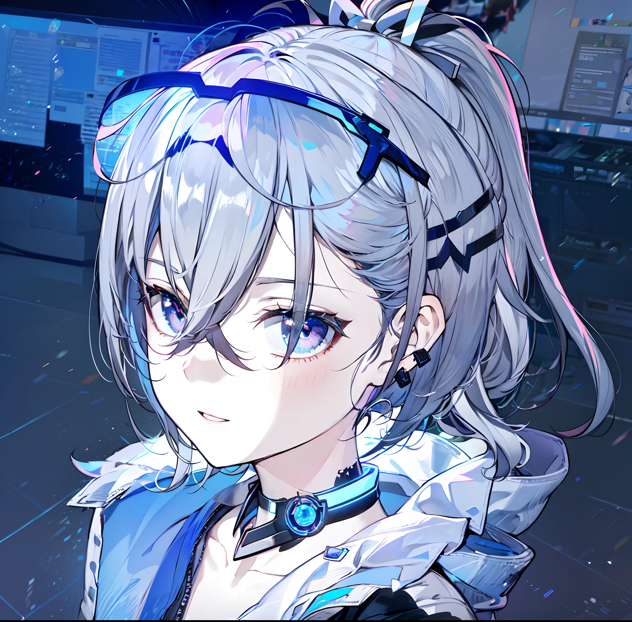 (masterpiece:1.2), (pale skin:1.2), (solo:1.2), (female:1.1), (emphasis lines:1.3), silver hair, silver eyes, hair ribbon, ponytail, jacket, choker, collarbone