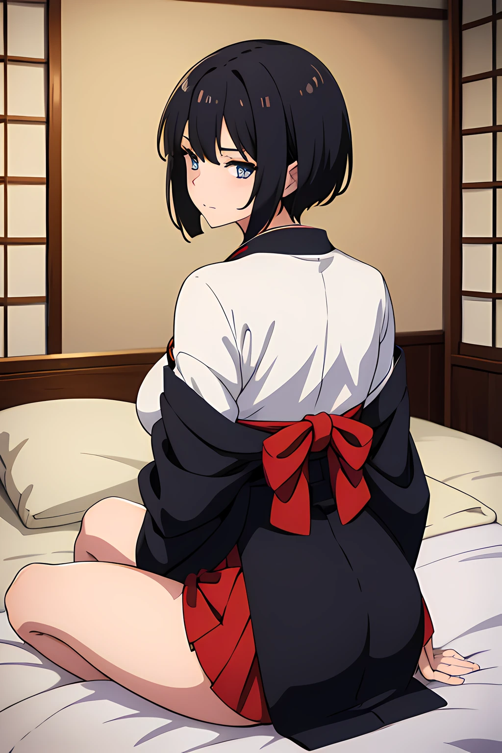 Anime girl sitting on a bed with a red bow around her waist - SeaArt AI