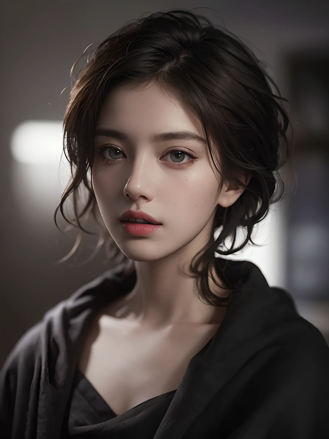 Best quality, masterpiece, ultra high res, (photorealistic:1.5), raw photo, 1girl, offshoulder, in the dark, deep shadow, low key, cold light, sexy look, short hair