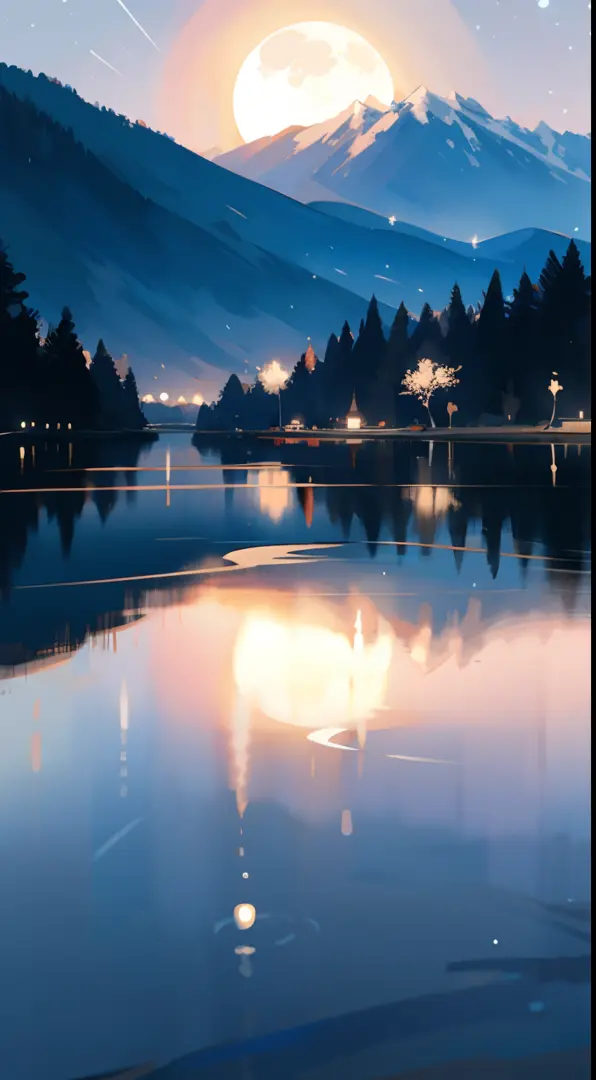 Very starry night. A giant moon behind the mountains. A tranquil lake reflects the night. The sunset is accompanied by flying cr...