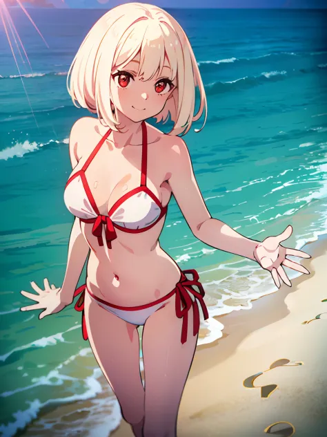 （tmasterpiece），（best qualtiy），
A girl with short white yellow hair and red eyes wearing a white bikini，standing on the sea side，Step with open hands，Emoji smile，blue-sky，baiyun，Mare，sandbeach，rays of sunshine，whole body display，looks into camera