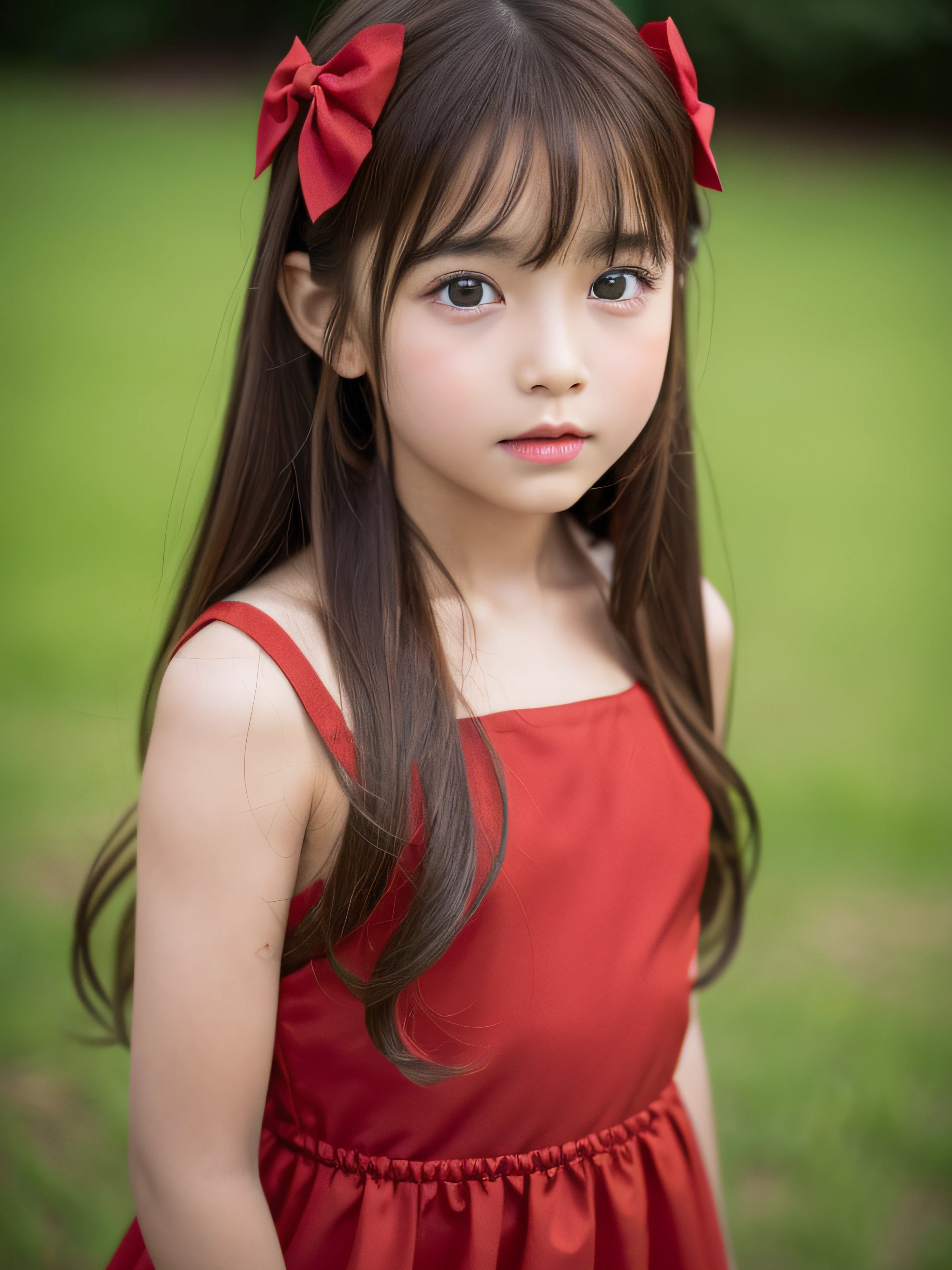 10 years of life, Brown hair, Fair skin, Realistic, Long hair stuck with a red bow, Light brown eyes, Red dress, 8k picture, Realistic human skin, Images of real children,