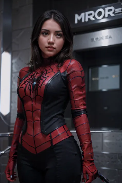 4K, realista, charismatic, muy detallada, anamr en la cima de la ciudad, con traje de Spiderman, She's a Spider-Man, SpidermanClasic female, cabello largo blanco, 25-years old, cuerpo completo