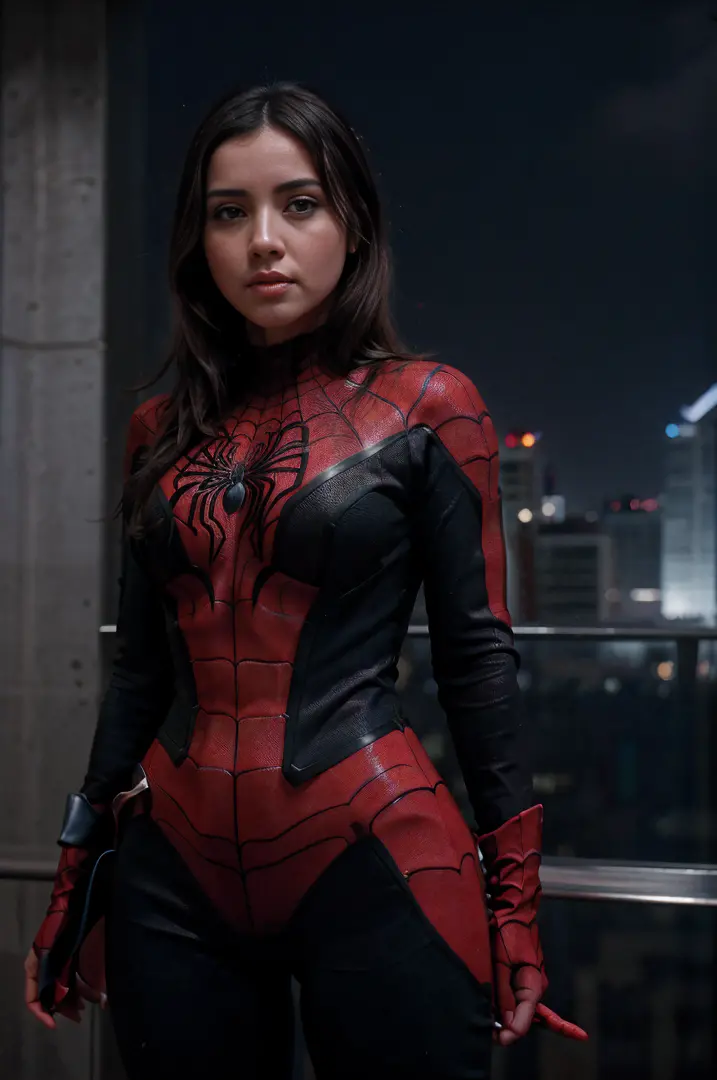 4K, realista, charismatic, muy detallada, anamr en la cima de la ciudad, con traje de Spiderman, She's a Spider-Man, SpidermanClasic female, cabello largo blanco, 25-years old, cuerpo completo
