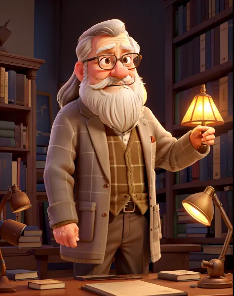 A wise old man standing in front (standing against a wooden bookshelf), illuminated by the light of a lamp, against the backdrop of a library (with tall bookshelves filled with ancient books). (best quality, highres:1.2), ultra-detailed, realistic:1.37, HD...