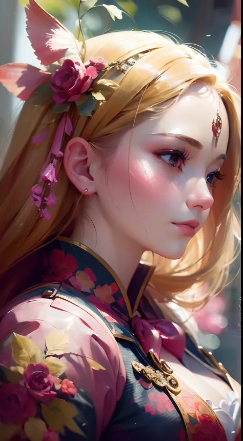 a close up of a woman with blonde hair in a pink and red dress, chengwei pan on artstation, by yang j, detailed fantasy art, stu...