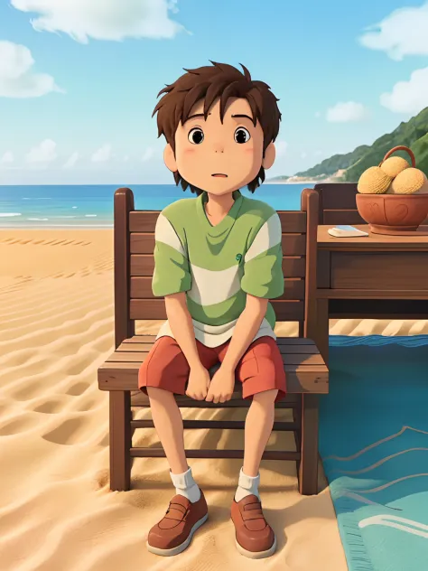 based on this photo, he has a ghibli-style face and the background is the sea and he is sitting on a sandy beach