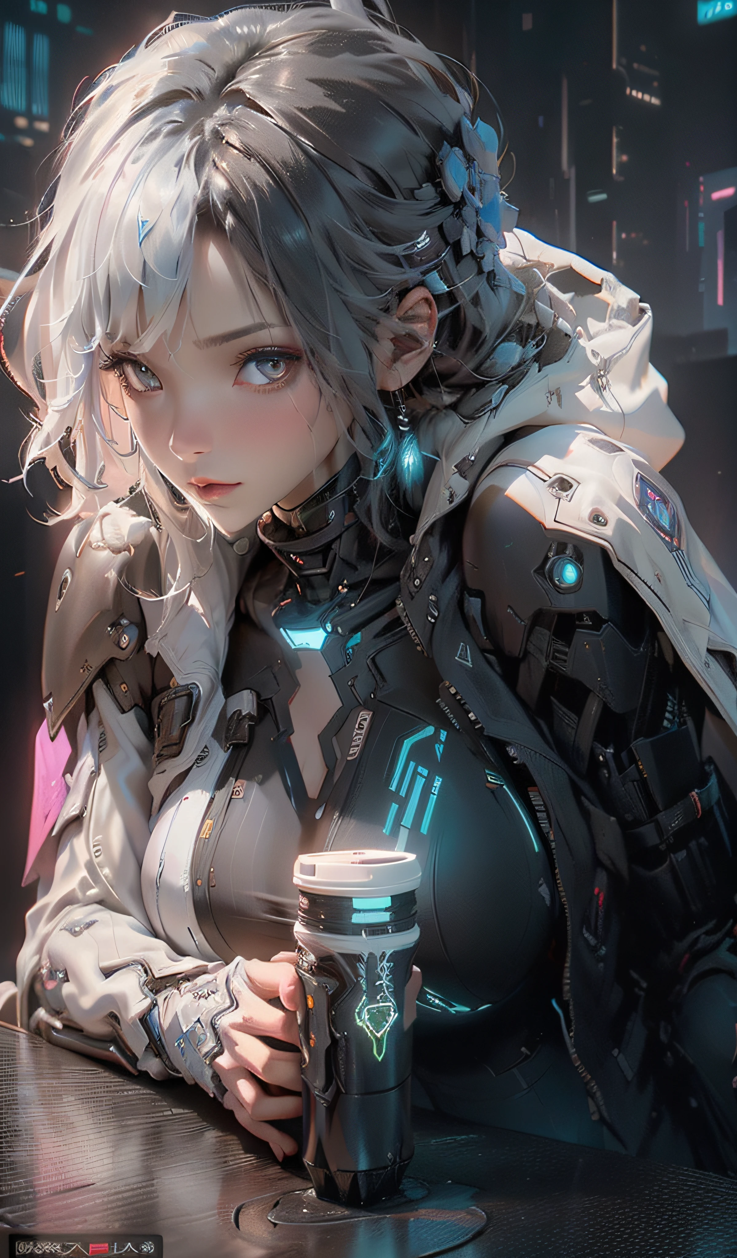 ((melhor qualidade)), ((obra-prima)), (o detalhe:1.4).。.。.。.。.3D, Uma bela imagem feminina cyberpunk,hdr（Dinâmica de alto alcance）,Traçado de raios,NVIDIA RTX,Hiper-resolução,Irreal 5,dispersão subterrânea、Textura PBR、post-proces、Filtragem de Anisotropia、profundidade de campo, definição máxima e nitidez Texturas de qualquer camada、Albedo e mapas Speculares、Coloração de superfície、Simulação precisa de interações entre materiais leves、perfeitamente proporções、renderização por octanagem、Luz bicolor、grande abertura、ISO baixo、Balanço de branco、a regra dos terços、Dados brutos de 8K、Estilo de ficção científica cyberpunk，Roupas de cores dominantes em preto e branco，Decoração luminosa azul，Maior peito，Seda preta sexy，coxas lisas，teta enorme，Capa preta para pescoço，Alta refletividade，Apenas pele，peito à mostra，Vire seu corpo para a esquerda，Sentido de lente，