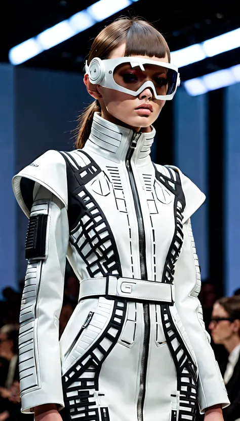 in a futuristic, dystopian world, a high-end fashion show takes place where each model is sponsored by a different corporation a...