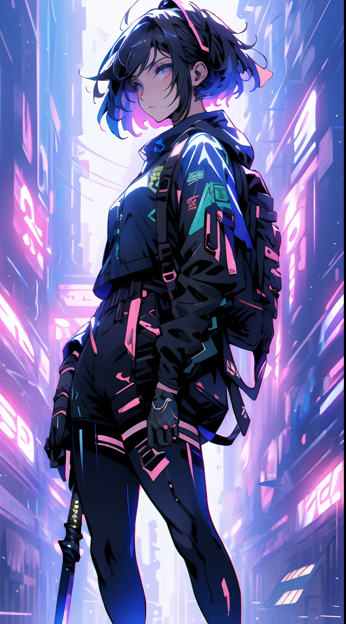 anime - style image of a woman with a sword and a backpack, guweiz, badass anime 8 k, wearing japanese techwear, artwork in the style of guweiz, anime style 4 k, e-girl, e - girl, cyberpunk streetwear, from arknights, anime style. 8k, digital cyberpunk anime art, short white hair, asymmetrical bangs, insanely detailed face and eyes, Perfect lips, dramatic, cinematic lighting, fine expression, fine detail, cyberpunk art, illustration, masterpiece, drawing, anime art, in the style of Yusuke Murata.