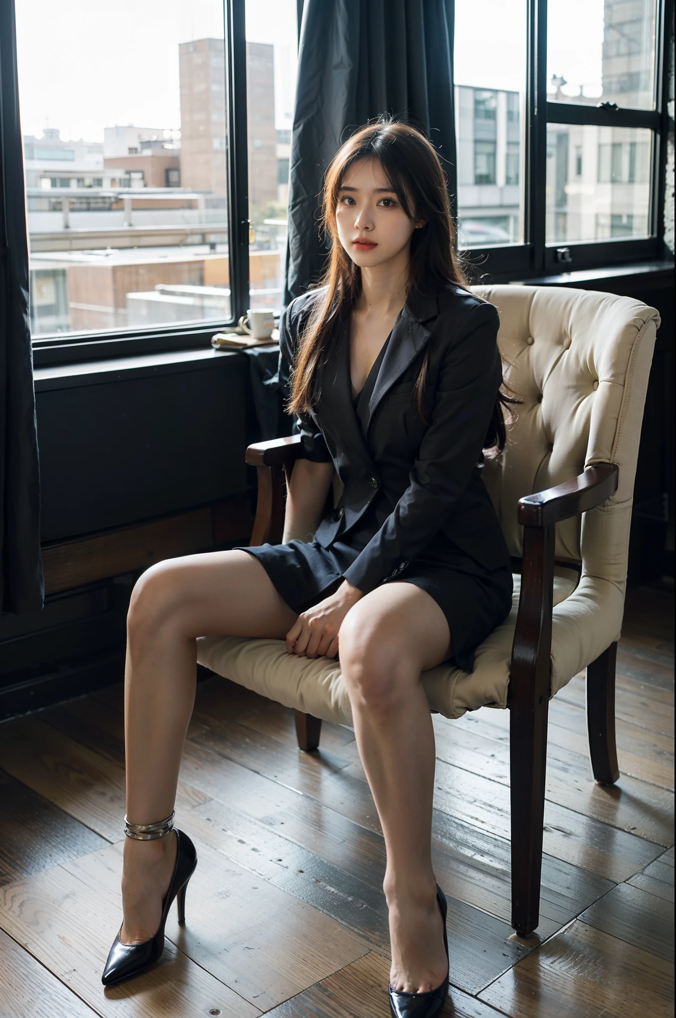 1 girl sitting in an office chair，Computer,(European model:1.3),31 years old,delicated,Business womenswear,(jaket:1.1),(The shirt:1.1),(Wrap skirt:1.1),jewelry,Flesh-colored pantyhose，goosebumps,Goose - meat，（Fidelity：1.3），filigree，quality，（tmasterpiece：1.2），（Fidelity：1.2），（best qualtiy），（skin detailed：1.3），（Complicated details），dramatics，Ray traching，photore，Bathed in shadows，visual novel，The boss's office for a skyscraper，window with view on the city，filmgrain，depth of fields，high-heels