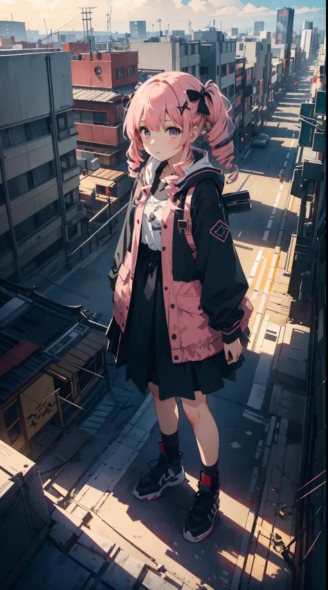 (masterpiece, concept art, highly detailed), shot from above, giant, 1girl, Loli, cute, pink hair, long drill hair, standing, mi...