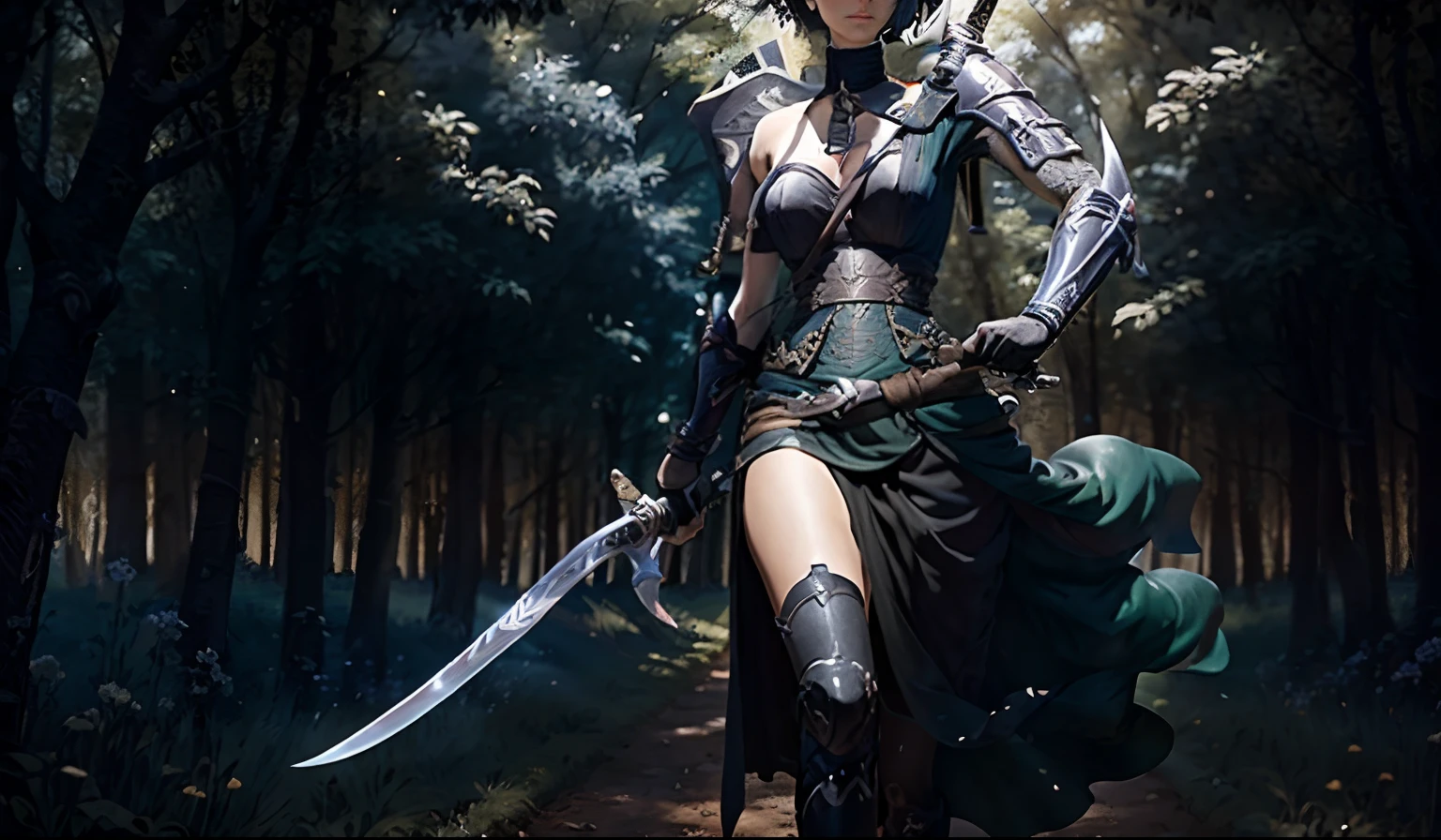 Woman in black dress holding sword in field, she holds a sword, still from a fantasy movie, long sword in her hand, she is holding a katana sword, holding a sword on her shoulder, Cinematic Goddess Shot, hold sword in the forest, Holding a black sword, with large sword, An ethereal shot