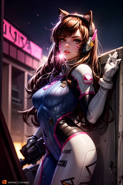 1girll, (D.va (Overwatch):0.8), Solo, Long hair, whisker markings, tightsuit, Brown hair, face markings, mitts, Breasts, Brown e...