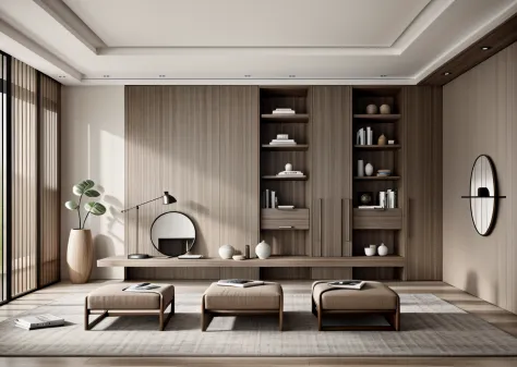 walnut_furniture, minimalist room, interior design, minimalist style