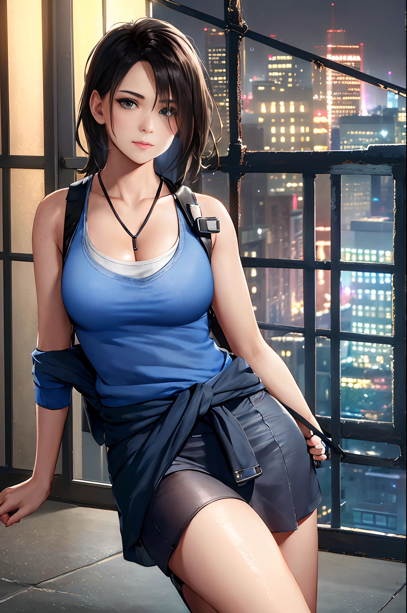 1girl, cowboy shot of zotovalentine, blue tank top, shoulder holster, black skirt, sweater around waist, athletic, old mansion indoors, city, night, neon, rain, fire escape, volumetric lighting, best quality, masterpiece, intricate details, tonemapping, sharp focus, hyper detailed, trending on Artstation, realistic,