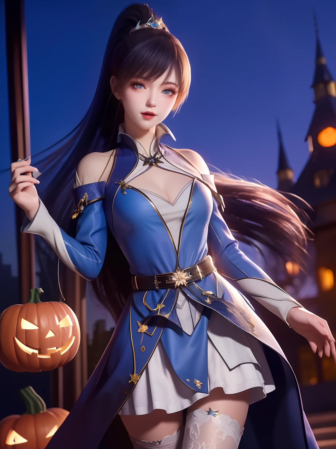 1girl, long hair, dress,hair ornament, cityscape, night, thighhighs, high collar,white skirt,ponytail, cowboy shot, long sleeves, belt,blue eyes,makeup,Among the glowing hues of twilight,,Halloween, costume, girl,a pumpkin,