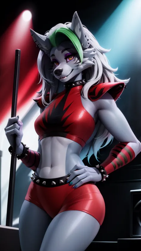 Highly detailed portrait of a lone wolf woman standing on a street corner, (anthro, Furry, snout:1.2), whiskers, During a storm with lightning strikes and cloudy skies, neon and cyberpunk background, She wears punk clothes with silver chains and silver spi...
