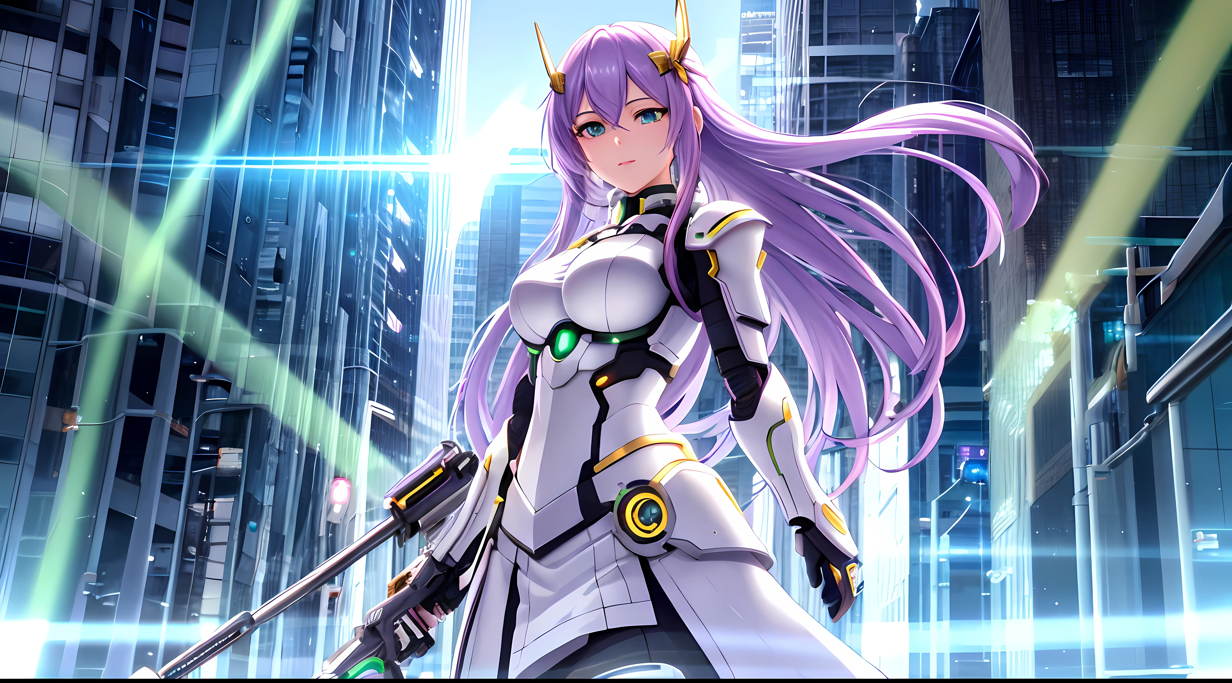 Athena with plain long light purple hair,hair between eyes,green eyes,rosy cheeks,full lips,thin eyebrows,slender body,wearing cybernetic armor and full long skirt,cute anime girl,full body,futuristic city streets in background,anime style,extremely deep depth of field,Lumen Reflections,Screen Space Reflections,Diffraction Grading,Chromatic Aberration,GB Displacement,Scan Lines,Ray Traced,Anti-Aliasing,FXAA,TXAA,RTX,SSAO,Shaders,OpenGL-Shaders, GLSL-Shaders,Post Processing,Post-Production,cell Shading,Tone Mapping,CGI,VFX,SFX,insanely detailed and intricate, 4K,standing, solo, masterpiece, best quality, detailed face, detailed eyes, highres, standing, solo,masterpiece, best quality