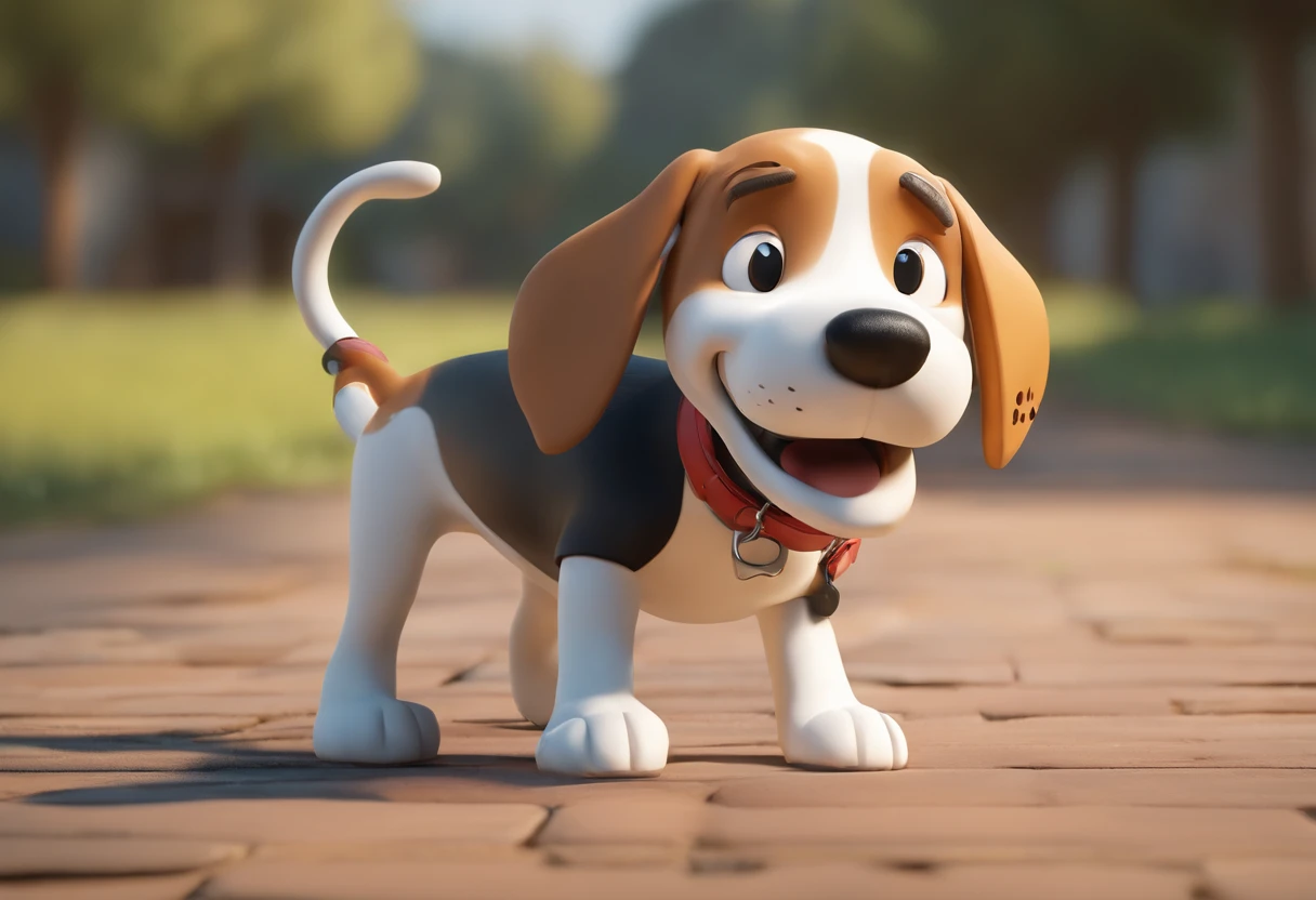 Snoopy style: a female dog, black, white and brown. Beagle, playing with a hose in his mouth, with a happy face. Sunny day. Snoopy style cartoon drawn by Charles M Schultz. Dog with her face all in brown. her back is black with paws in white