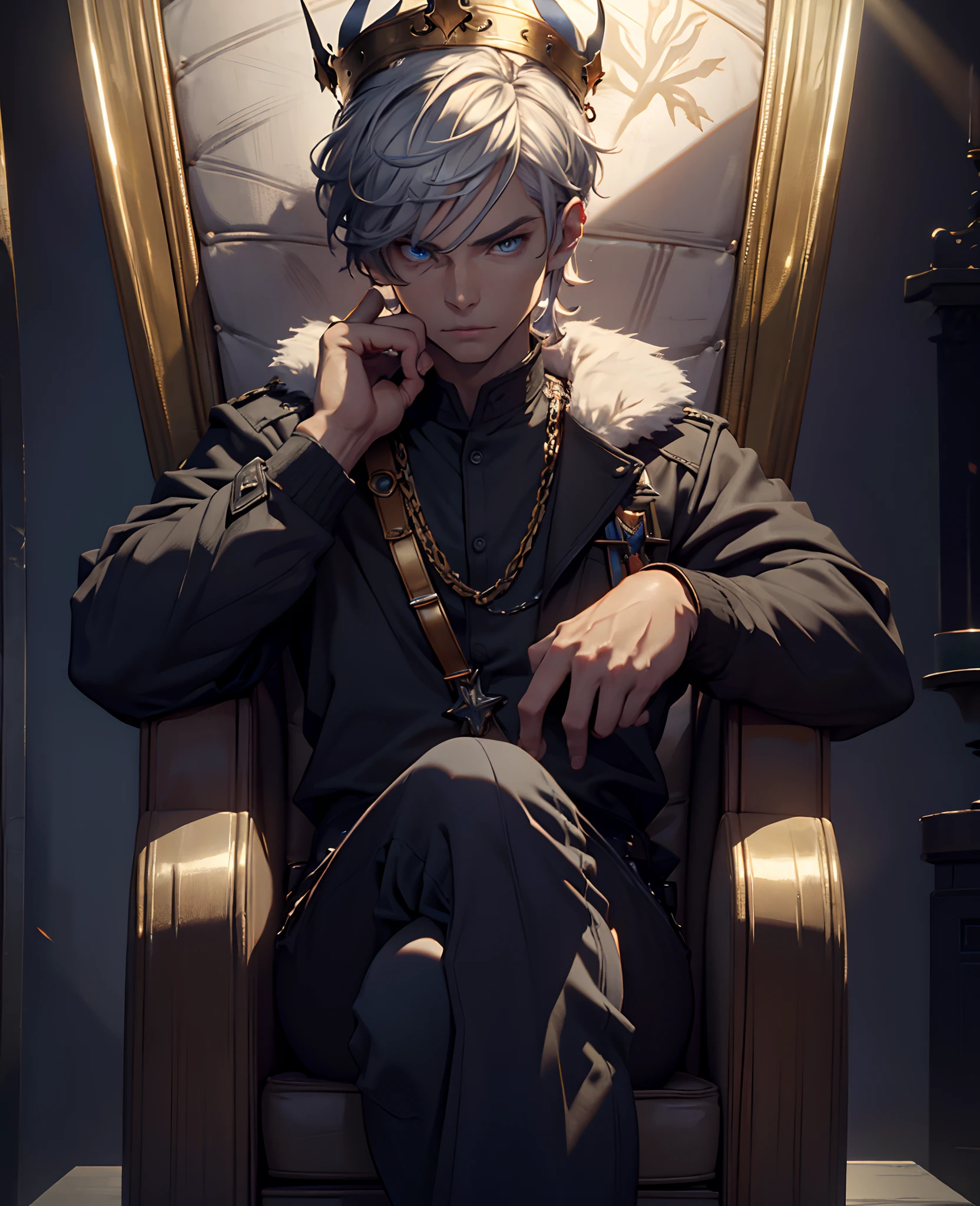 (best quality,4k,8k,highres,masterpiece:1.2), ultra-detailed, (realistic,photorealistic,photo-realistic:1.37), younger boy, short white hair, blue eyes, throne, crown in hand, badass pose, medieval-style throne, elaborate gold crown, confident expression, strong facial features, muscular build, stylish black outfit, leather jacket, ripped jeans, silver accessories, dark background, dramatic lighting