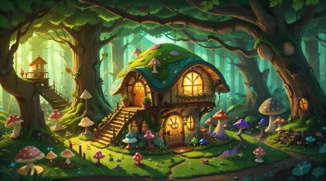 a fairyland-like hideaway，colorful mushroom house，a fairy world