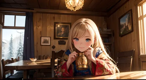 A girl holding a Matryoshka doll, enjoying a glass of vodka, and playing the balalaika in a cozy Russian countryside cottage. In the background, there are colorful traditional Russian patterns on the walls. The girl has beautiful detailed eyes and lips, an...