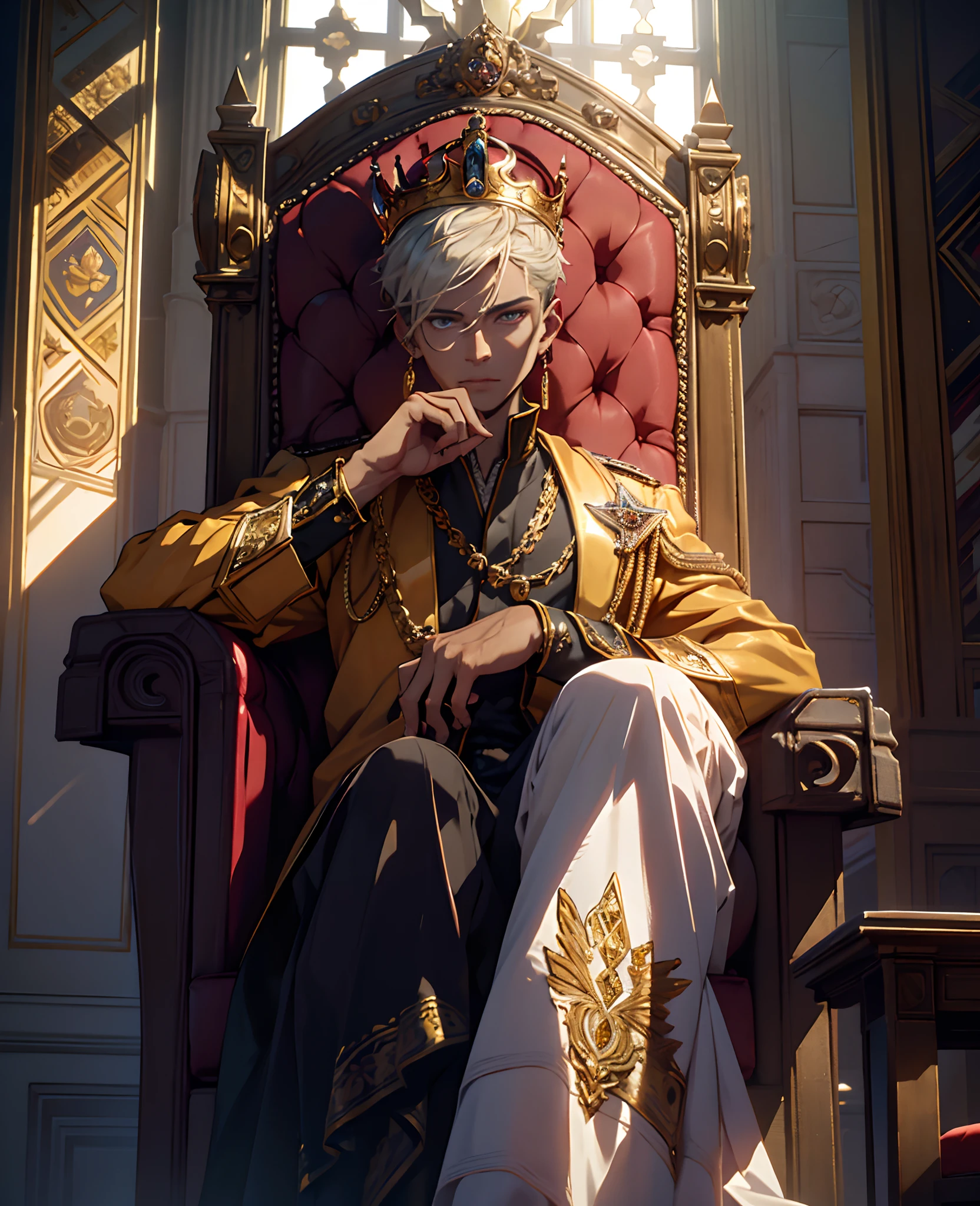 (best quality,4k,8k,highres,masterpiece:1.2),ultra-detailed,(realistic,photorealistic,photo-realistic:1.37),a young boy with short white hair and piercing blue eyes, confidently holds a golden crown in one hand. He is seated on a magnificent throne, emanating an air of power. His pose conveys the image of a tyrant king, with one hand resting on the armrest and the other gripping the crown firmly. The throne is intricately carved with exquisite details and embellished with rare gemstones.

Surrounding the boy are loyal subjects, who are bowed down in submission. They are dressed in opulent attire, showcasing the grandeur and wealth of the kingdom. Sunlight streams through stained glass windows, casting vibrant hues on the scene, illuminating the impressive hall.

The boy's face depicts a mix of youthfulness and authority, with defined facial features, giving him an air of maturity beyond his years. His eyes are captivating, reflecting a sense of wisdom and determination. The short white hair adds an intriguing contrast to his regal appearance.

The scene is bathed in a warm and golden color tone, accentuating the richness and grandiosity of the setting. The lighting is soft and diffused, creating a mesmerizing ambiance. Shadows dance gracefully, adding depth and dimension to the composition.

The crown in the boy's hand is meticulously crafted, adorned with precious gemstones and intricate designs. It symbolizes his ultimate power and reign over the kingdom. The throne itself is a masterpiece, intricately carved with patterns and motifs that reflect the boy's authority.

In the background, towering pillars and intricate tapestries further enhance the majestic atmosphere of the setting. The space is filled with an aura of power and dominance as the young boy assumes his role as a tyrant king.

This prompt creates a captivating image, showcasing the young boy's commanding presence and the opulence of his kingdom.