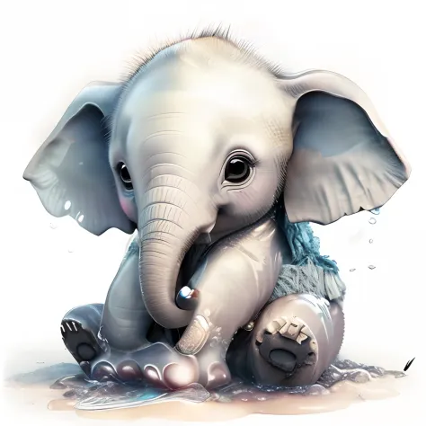 A baby elephant sits on the ground with its torso in the water, Cute Elephant, ohwx, Adorable Digital Painting, cute artwork, beautiful artwork, john banovich, cute detailed artwork, elephant, Stunning artwork, Adorable, very very realistic, Very realistic...