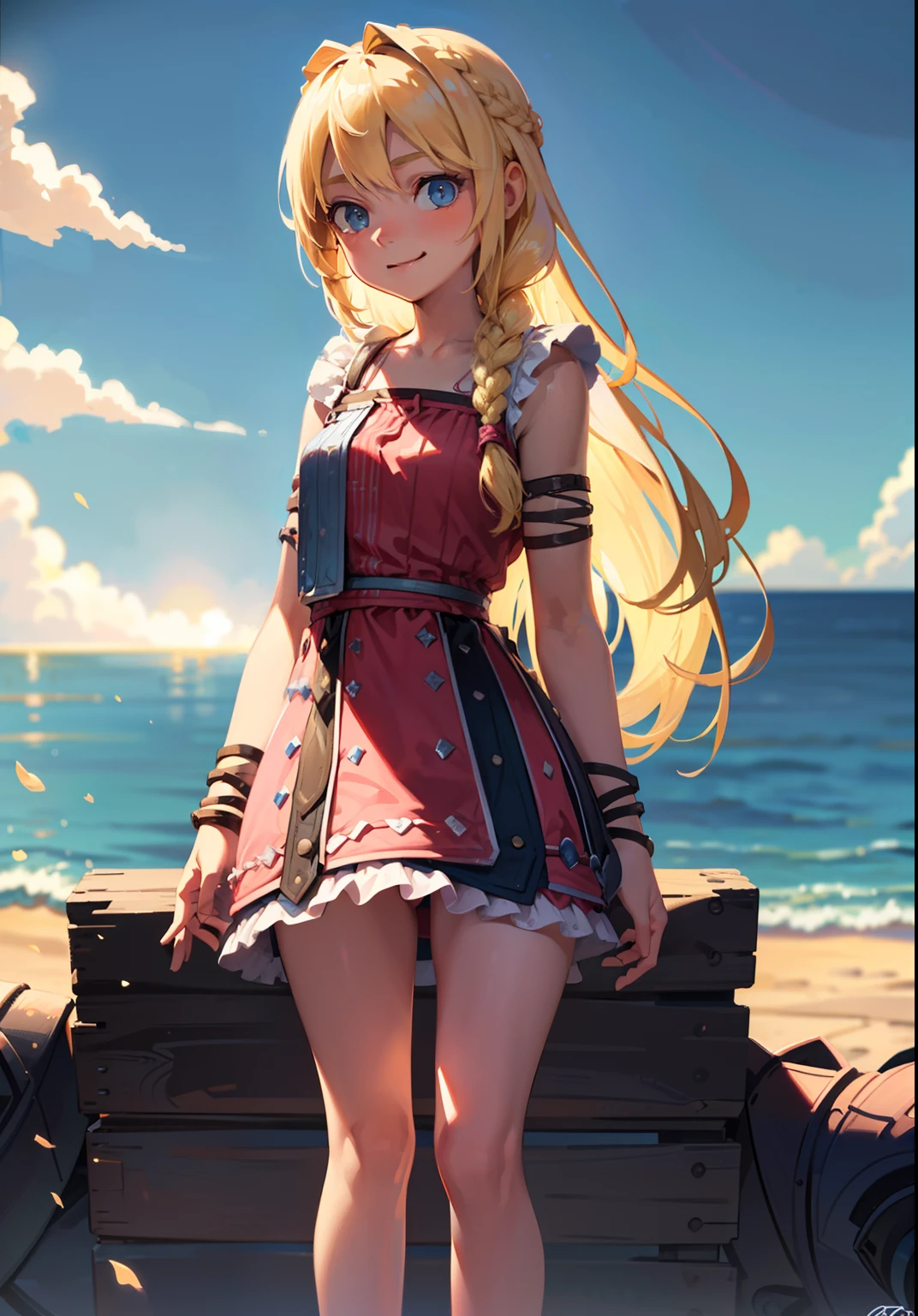 Beach, 1girl, astridWaifu, (long hair, blonde, blue eyes, braid:1.2), (pink dress, mini skirt, bare legs:1.2), warm light, curvy, smile, :D, from below, (dynamic_angle), (dynamic_pose:1.2), 
(detailed landscape:1.2), (dynamic_perspective:1.2),
(masterpiece:1.2), (best quality, highest quality), (ultra detailed), (8k, 4k, intricate), (full body:1), (highly detailed:1.2),(detailed face:1), (ambient light:1),(cinematic composition),(HDR:1),(perfect_anatomy:1.2),