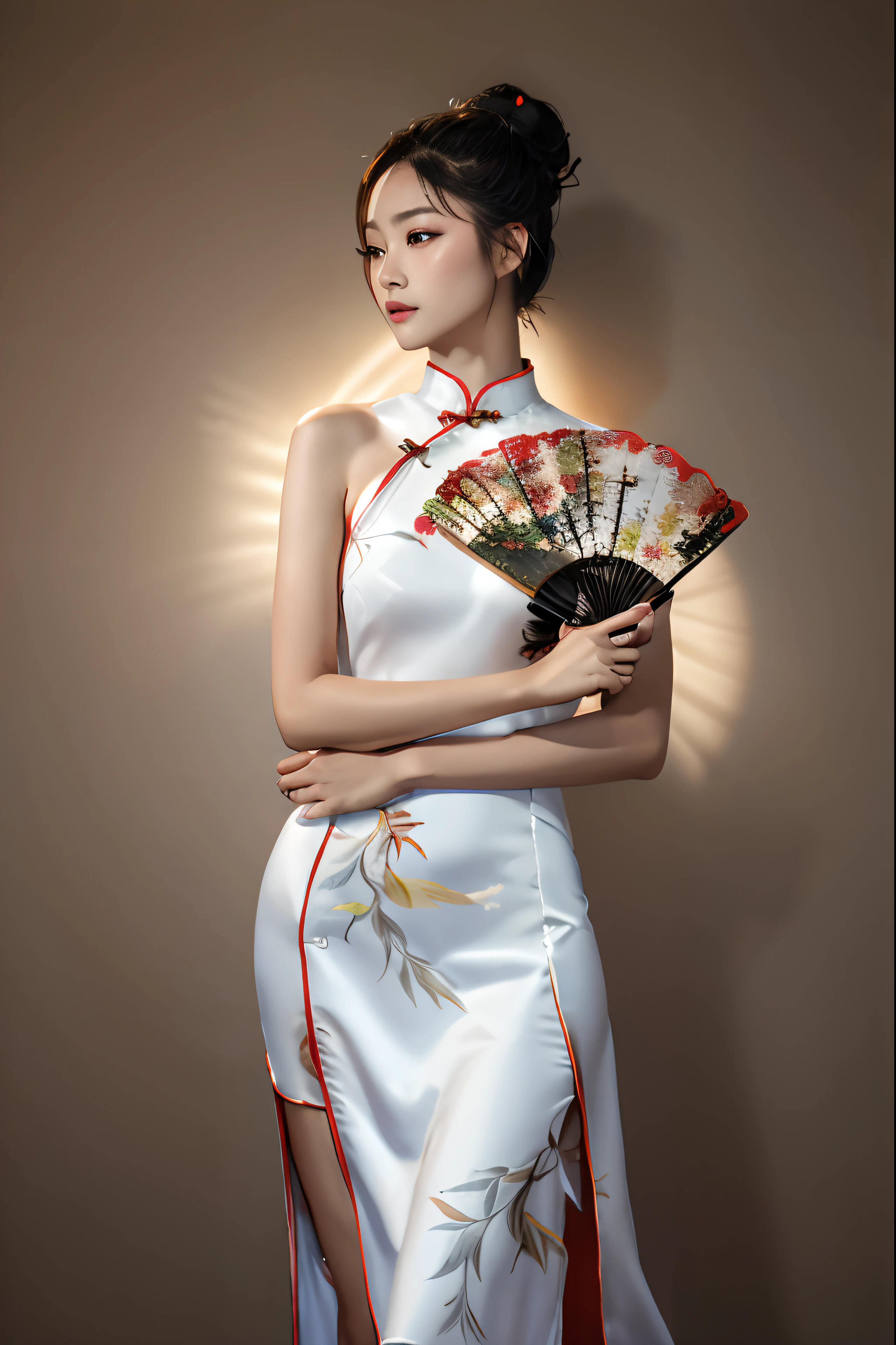 1girl in, (((Roll your hair into a bun))), (((Bright cheongsam))), (((White cheongsam mini dress))), Tight dress、(tmasterpiece, top-quality, Near and far law), Beautiful expression, 8k, RAW photogr, nffsw, Photorealsitic, Film grains, color difference, A high resolution, ultra - detailed, finedetail, Dynamic Lighting, Dramatic lighting、shadowy、extremely detailed eye and face、Round pupils、bare shoulders​，The woman holds a fan，Chinese outfit, Chinese dress, high - end fashion photoshoot, Chinese style