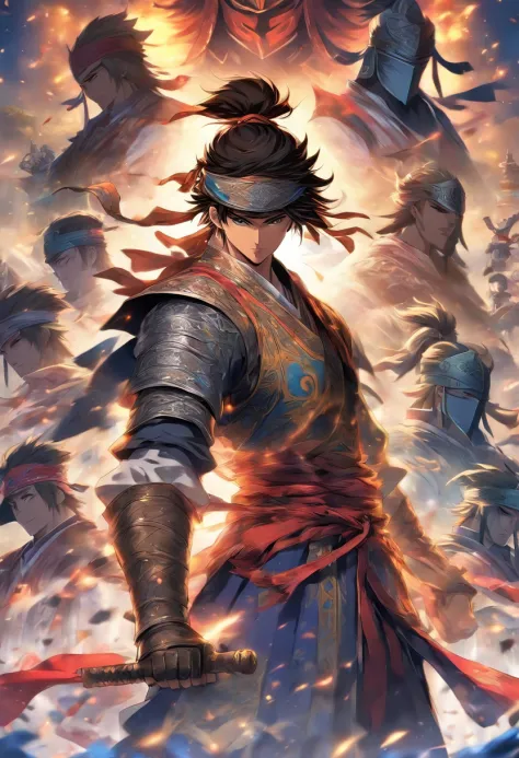 Mytical Knight, supernatural Power, Tower of Destiny, Moonlight blade game, A Chinese Man, high Cultivation, wearing bandana as blindfolded, Charismatic Figure