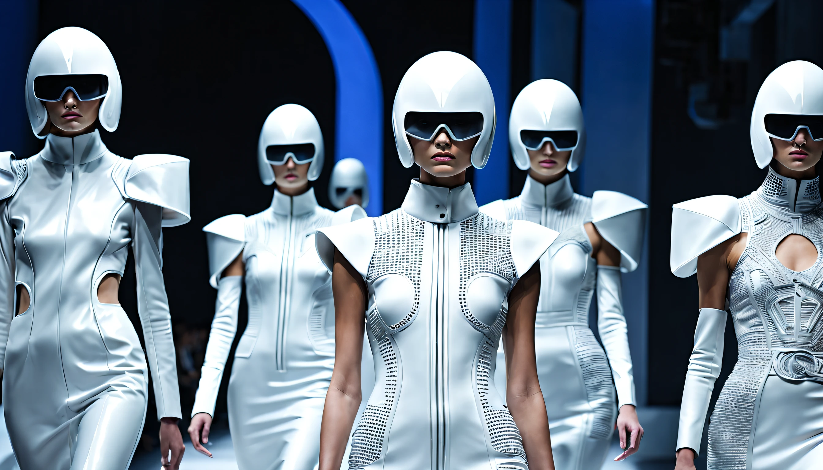 In a futuristic, dystopian world, a high-end fashion show takes place where each model is sponsored by a different corporation and their features are meticulously crafted and manipulated to represent the brand's image. With intricate details and bold statements, these hyper-realistic, corporate-controlled individuals showcase elegant attire that embodies the power and influence of the companies that have engineered them.