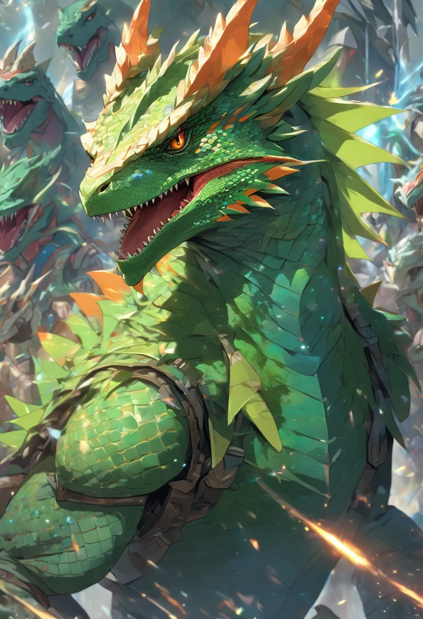 (((Lizard God))) best quality, very high resolution, 4K detailed CG, master piece, fantasy, DnD 5E ilustration, there is a drawing of a dragon with a green and orange head, with scaly-looking armor, as a badass monster hunter, sleek mecha female dragon head, cyborg dragon portrait, robot mecha female dragon head, d&d character head portrait, a baddass dragon, but as an anthropomorphic dragon, as an anthropomorphic dragon, fighter, wielding a greatsword. lizardfork, green dinosaur, full plate armor, blue crystal on chest, full body centered on screen, standing pose