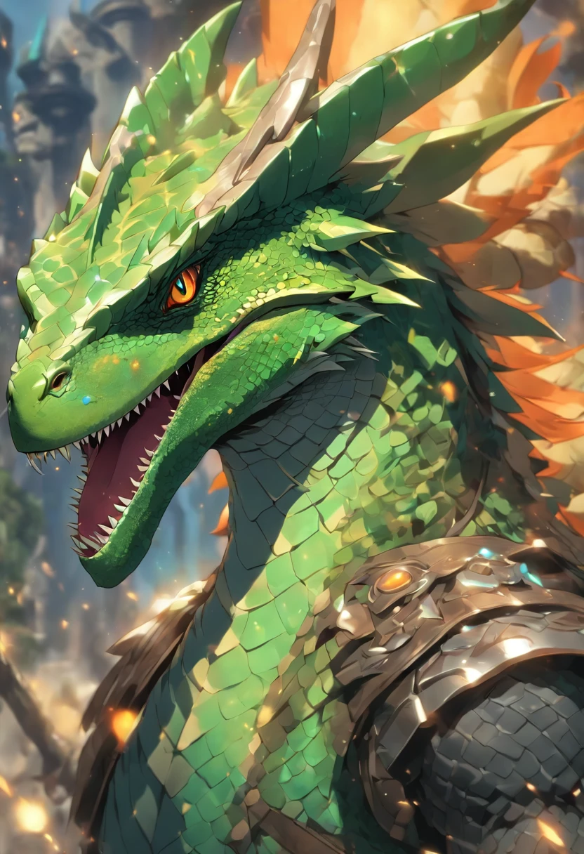 (((Lizard God))) best quality, very high resolution, 4K detailed CG, master piece, fantasy, DnD 5E ilustration, there is a drawing of a dragon with a green and orange head, with scaly-looking armor, as a badass monster hunter, sleek mecha female dragon head, cyborg dragon portrait, robot mecha female dragon head, d&d character head portrait, a baddass dragon, but as an anthropomorphic dragon, as an anthropomorphic dragon, fighter, wielding a greatsword. lizardfork, green dinosaur, full plate armor, blue crystal on chest, full body centered on screen, standing pose