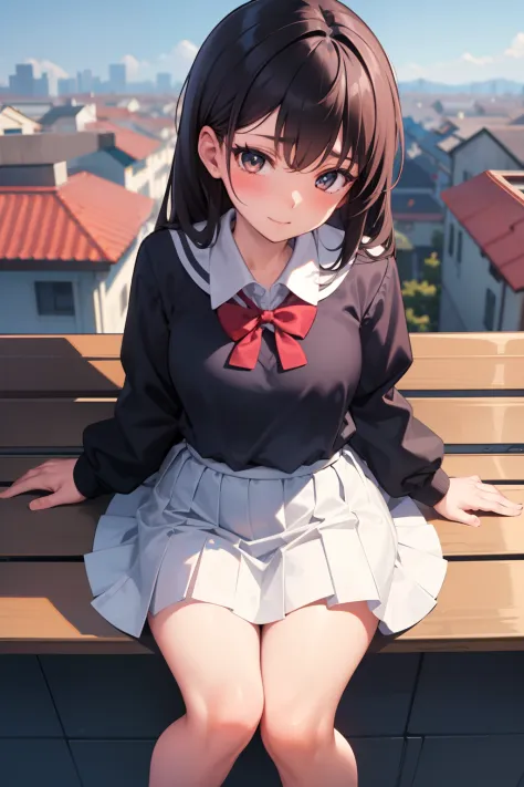 school rooftop, bench, multiple girls, 4girls, school uniform,, masterpiece, best quality, highly detailed