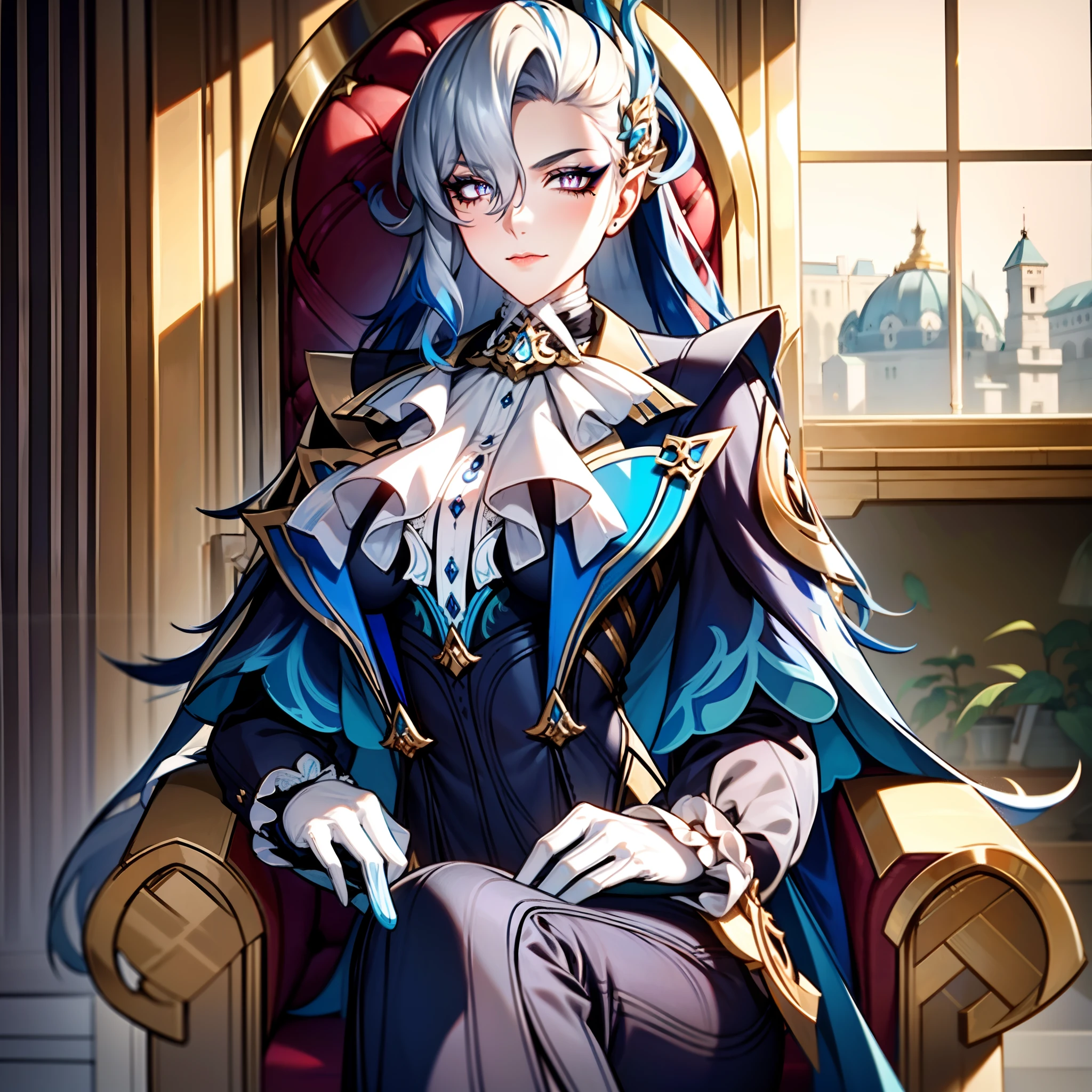 1girl, solo, a woman with long white and blue hair , curly bangs, sharp eyes, ((slit shape_pupils)),  blue eyeliner, beautiful eyes, ultra well detailed eyes, pale eyes, blue eyeliner, beautiful face, dressed in fancy well detailed victorian clothes,  victorian suit, large breasts, plump breasts, jowelery, blue plume hairdo, gloves, sitting on throne, indoor, extremely delicate and beautiful, elegant, majestic, serious,  calm expression , highest quality, ultra detailed, extremely detailed background, masterpiece, hd illustration, solo, mature woman