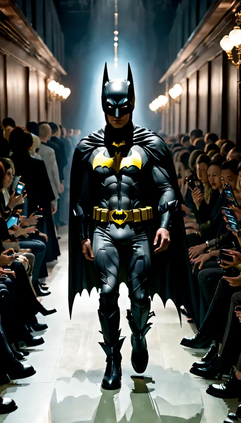Hyperrealistic and heavy detailed fashion runway show inspired by Batman, detailed face, real, atmospheric, sharp, 8k, Canon50, leica sl250, detailed skin, high textured, maximalist, atmospheric, raytracing, real life