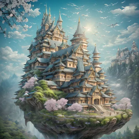 ​masterpiece、hightquality、Realistic、landscape shot、life-like、A detailed、Like the photo、Castle shining in the sky、Castle of the G...